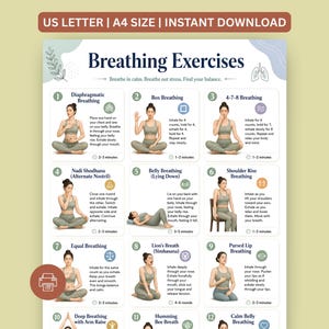 May include: A digital instructional poster titled Breathing Exercises featuring twelve numbered panels. Each panel illustrates a specific breathing technique with text instructions, icons, and a person demonstrating the pose. The header states US LETTER | A4 SIZE | INSTANT DOWNLOAD.