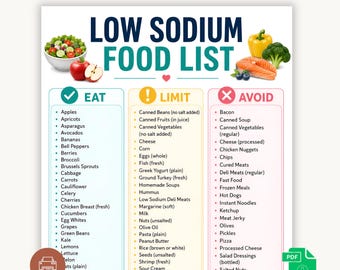 Low Sodium Food List Printable PDF, Low Salt Diet Food Guide, Nutrition Chart, Heart Healthy Eating Plan, Meal Planning Printable