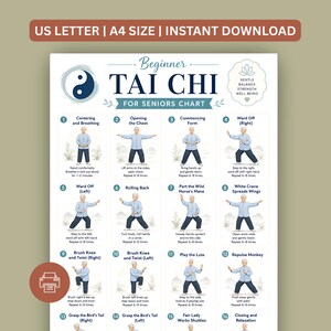 Può includere: Un grafico di Tai Chi per principianti, progettato per gli anziani, con 16 esercizi illustrati. Il grafico include istruzioni per ogni movimento, come "Centratura e respirazione" e "Apertura del petto". Il banner superiore recita "US LETTER | A4 SIZE | INSTANT DOWNLOAD."