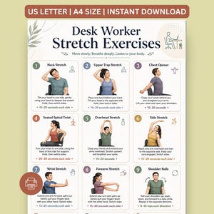 May include: A digital poster titled Desk Worker Stretch Exercises featuring nine numbered illustrations of individuals performing seated stretches. Each section includes a specific exercise name, instructional text, and a duration in seconds.