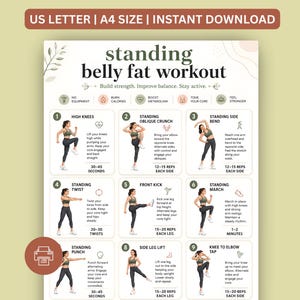 Può includere: Una guida di allenamento stampabile bianca e beige intitolata "standing belly fat workout". La guida include nove esercizi con illustrazioni e istruzioni. Il testo in alto recita "US LETTER | A4 SIZE | INSTANT DOWNLOAD."