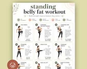 Tabla de ejercicios de pie para quemar grasa abdominal, ejercicios de cuerpo completo en PDF (descarga digital)