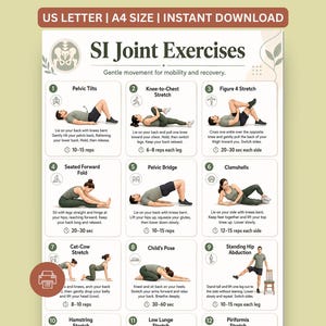 Puede incluir: Un cartel digital titulado SI Joint Exercises que presenta doce ilustraciones numeradas de movimientos físicos. Cada sección incluye un título, un gráfico descriptivo de una persona realizando el ejercicio, instrucciones y conteo de repeticiones.