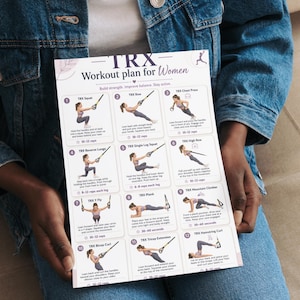 Puede incluir: Una gu&iacute;a de entrenamiento rectangular blanca titulada TRX Workout plan for Women que presenta doce ilustraciones de ejercicios numeradas con instrucciones para movimientos como sentadillas, remos, estocadas y planchas, en texto negro y violeta.