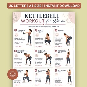 Può includere: Una tabella di allenamento intitolata KETTLEBELL WORKOUT for Women, che presenta nove illustrazioni numerate di esercizi con istruzioni e ripetizioni. Il layout include testo per US LETTER e A4 SIZE, con una tavolozza di colori neutri.