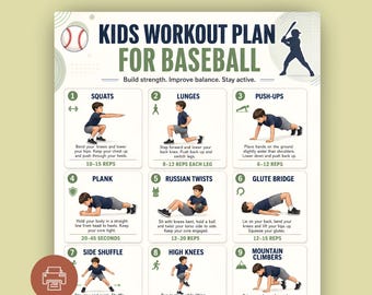 Kids Baseball Workout Plan, Youth Training Chart, Fitness Poster (Digital Download)