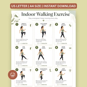 May include: An instructional chart titled Indoor Walking Exercise featuring nine numbered panels with illustrations of a person performing various movements like marching, high knee walks, heel walks, toe taps, side steps, back steps, knee lifts, and arm swings.