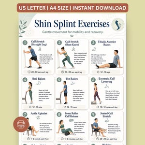 Puede incluir: Un póster digital titulado Shin Splint Exercises que presenta nueve pasos ilustrados para la movilidad y la recuperación. El documento incluye instrucciones para estiramientos de pantorrilla, elevaciones y movimientos de tobillo.