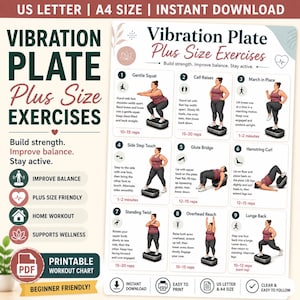 Peut inclure: Un tableau d'exercices imprimable intitulé Vibration Plate Plus Size Exercises, présentant neuf mouvements de fitness illustrés. Le document inclut des instructions pour des squats, des mollets, des fentes et d'autres exercices, avec le format US Letter et A4.