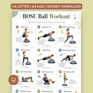 Könnte beinhalten: Ein BOSU-Ball-Trainingsposter mit zwölf nummerierten Übungsdiagrammen und Textbeschreibungen. Das weiße Dokument enthält Illustrationen von Personen, die Kniebeugen, Liegestütze, Ausfallschritte und Planks auf einem blauen Balance-Trainer ausführen.