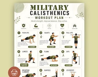 Military Calisthenics Workout Plan for Men, Body weight Exercise Chart (Printable PDF)