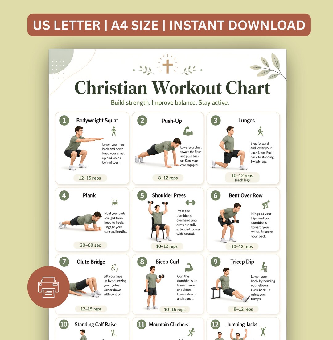 Christian Workout Chart Printable PDF, Faith Based Fitness Poster ...