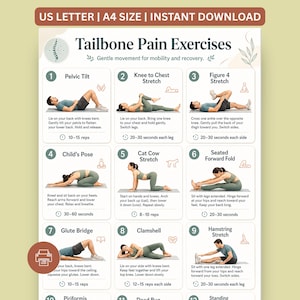 Puede incluir: Un cartel digital titulado Tailbone Pain Exercises que presenta doce paneles de instrucciones numerados. Cada panel muestra a una persona realizando un estiramiento o movimiento específico con texto descriptivo y conteo de repeticiones para cada ejercicio.