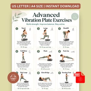 May include: A digital exercise chart titled Advanced Vibration Plate Exercises featuring nine numbered illustrations of a person performing movements on a vibration plate, including squats, lunges, deadlifts, calf raises, planks, and push-ups.