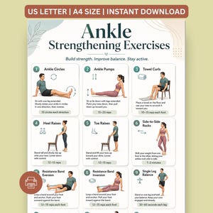 May include: A digital poster titled Ankle Strengthening Exercises featuring nine numbered illustrations of people performing physical therapy movements. The chart includes instructions for ankle circles, pumps, towel curls, raises, and balance exercises.