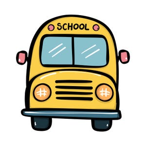May include: A yellow school bus illustration with a black outline, featuring the word SCHOOL in black text above two light blue windows, two orange circular headlights with white grid patterns, pink side mirrors, and a dark blue front bumper.