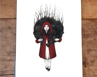 Little Red Riding Hood Print, 8 by 10 Inches, Archival Art Print, Animal, animal Illustration, art print animal, girl and her animal, wolf