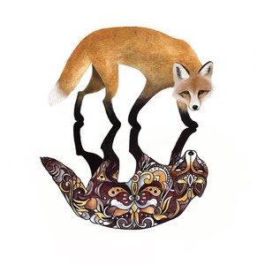 May include: A watercolor illustration of a fox standing on top of another fox, which is stylized with a patterned design in shades of brown, gold, and white.