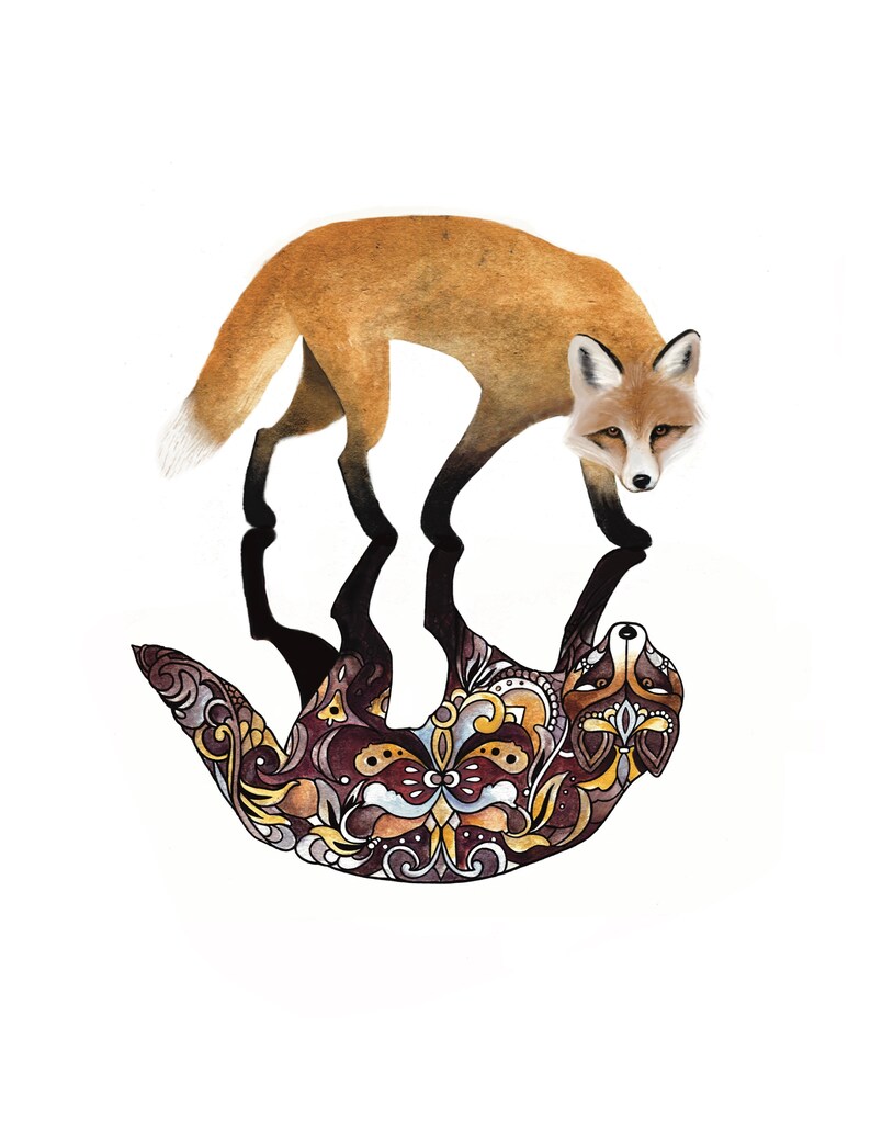 May include: A watercolor illustration of a fox standing on top of another fox, which is stylized with a patterned design in shades of brown, gold, and white.