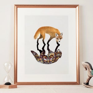 May include: A framed print of a fox with orange fur walking on top of a brown and gold patterned design. The fox is looking at the viewer.