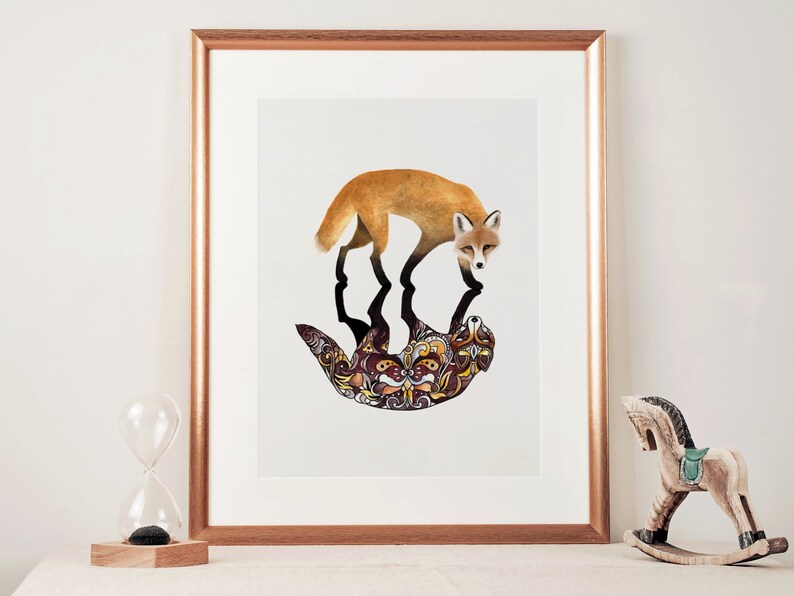 May include: A framed print of a fox with orange fur walking on top of a brown and gold patterned design. The fox is looking at the viewer.