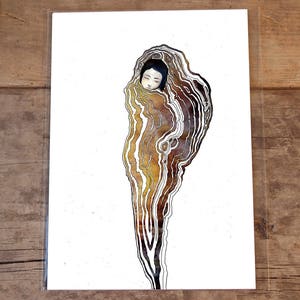 May include: A black and white line drawing of a person's face inside a brown and white abstract shape. The shape resembles a tree trunk or a cave.