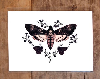 Art print Death Moth Print, 8 by 10 Inches, Archival Art Print, moth Illustration, art print, moth art, Goth art, death moth with flowers