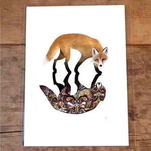 May include: A watercolor illustration of a fox standing on top of a patterned, stylized fox. The fox is orange and brown, and the patterned fox is brown, black, and gold.