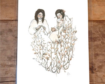 Knitting Flowers, 8 by 10 Inches, Fine Art Print, Knitters, Knitting Print, Mother and Daughter Knitting, Fashion Illustration, Knitting Art