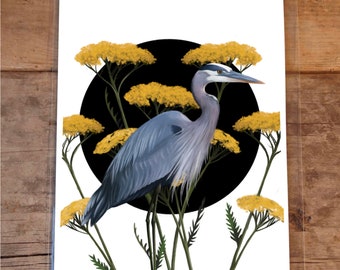 Great Blue Heron Print, 8 by 10 Inches, Archival Art Print, bird Illustration, art print animal, bird art, floral art, nature print