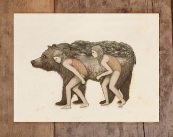 Bear and Girls, Fine Art Print, 8 by 10 Inches, Animal Art, Bear, Animals, Nature, Abstract Bear Art, Bear Painting, Animal Illustration
