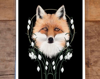 Fox with foliage, fine art print, 8 by 10 inches, animal Illustration, art print animal, Red fox, fox gifts, fox art, red fox, wall art