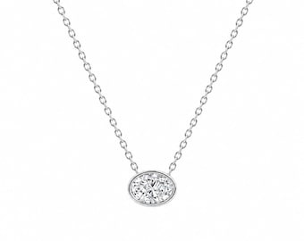 Floating Oval Diamond Necklace 14K Solid Gold Bezel Jewellery Elegant Everyday Pendant