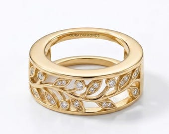 14K Solid Gold Diamond Oura Ring Cover, Luxury Smart Ring Jacket, Elegant Leaf Design