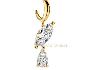 Lab Grown Pear Marquise Diamond Drop Hoop Earrings | 14K Solid Gold Dainty Statement Jewelry