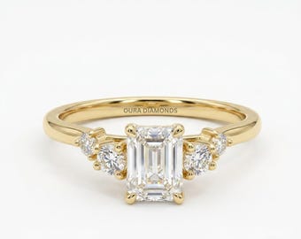 Emerald Cut Moissanite Ring, Rose Gold Art Deco Cluster Bridal Band Engagement For Her