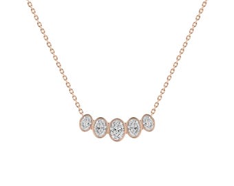 14K Gold Bezel Diamond Bar Graduated Diamond Curve Pendant Elegant Minimalist Necklace