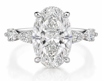 Oval Cut Lab Grown Engagement Ring 14K Solid Gold Hidden Halo Bridal Ring