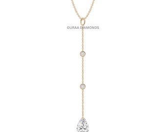14K Solid Gold Diamond Lariat Necklace, Teardrop Drop Y Necklace, Minimalist Fine Jewelry Gift