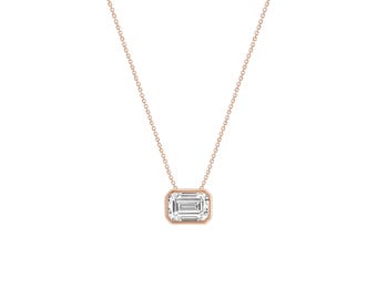 14K Gold Emerald Cut Diamond Necklace Bezel Set Solitaire Pendant Minimalist Fine Jewellery