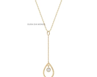 14K Solid Gold Diamond Lariat Necklace, Teardrop Drop Y Necklace, Minimalist Fine Jewelry Gift