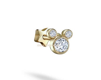 14K Gold Mouse Diamond Flat Back Earring Lab Grown Diamond Cartilage Stud