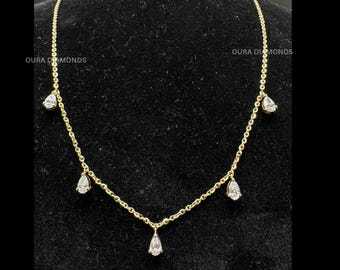 Luxury Pear Diamond Drop Choker 14K 18K Solid Gold, 5 Stone Teardrop Necklace Wedding Jewellery