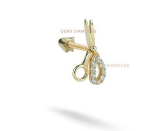 14K Solid Gold Pave Diamond Scissors Earring  Flat Back Helix Stud