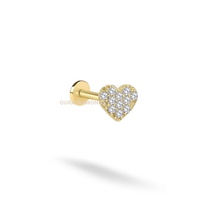 14K Solid Gold Pave Diamond Heart Earring  Flat Back Helix Stud