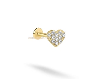 14K Solid Gold Pave Diamond Heart Earring  Flat Back Helix Stud