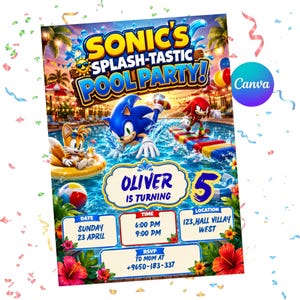 May include: A rectangular party invitation featuring Sonic the Hedgehog characters in a pool setting with the text Sonic's Splash-Tastic Pool Party, Oliver is turning 5, Sunday 23 April, 6:00 PM to 9:00 PM, 123 Hall Villay West, and RSVP to Mom at +9650-183-337.