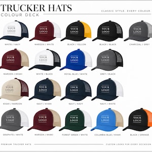 May include: A colour deck of trucker hats featuring various two-tone colour combinations, each with a mesh back and a front panel displaying the text YOUR LOGO. The hats are arranged in a grid, showcasing options like white/navy, maroon/white, black/yellow, black/black, charcoal/grey, maroon/khaki, white/black, royal blue/white, grey/black, khaki/maroon, navy/khaki, navy/navy, navy/white, graphite/white, maroon/khaki, forest green/white, columbia blue/khaki, and black/orange.