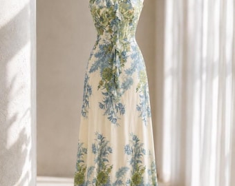 Vestido longo floral verde, estilo cottagecore, com alças franzidas, ideal para convidadas de casamento e férias.