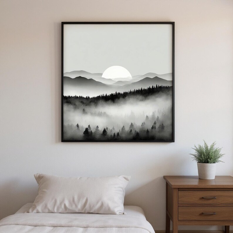 Misty Forest Moon Rise — Black & White Mountain Landscape Wall Art ...